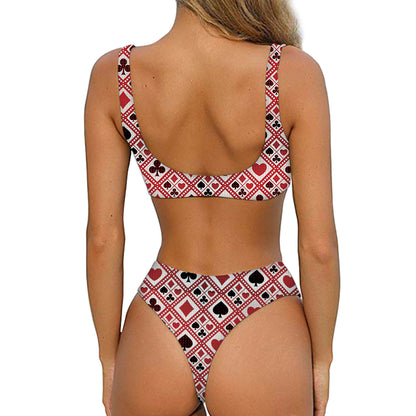 Playing Card Suits Plaid Pattern Print Front Bow Tie Bikini