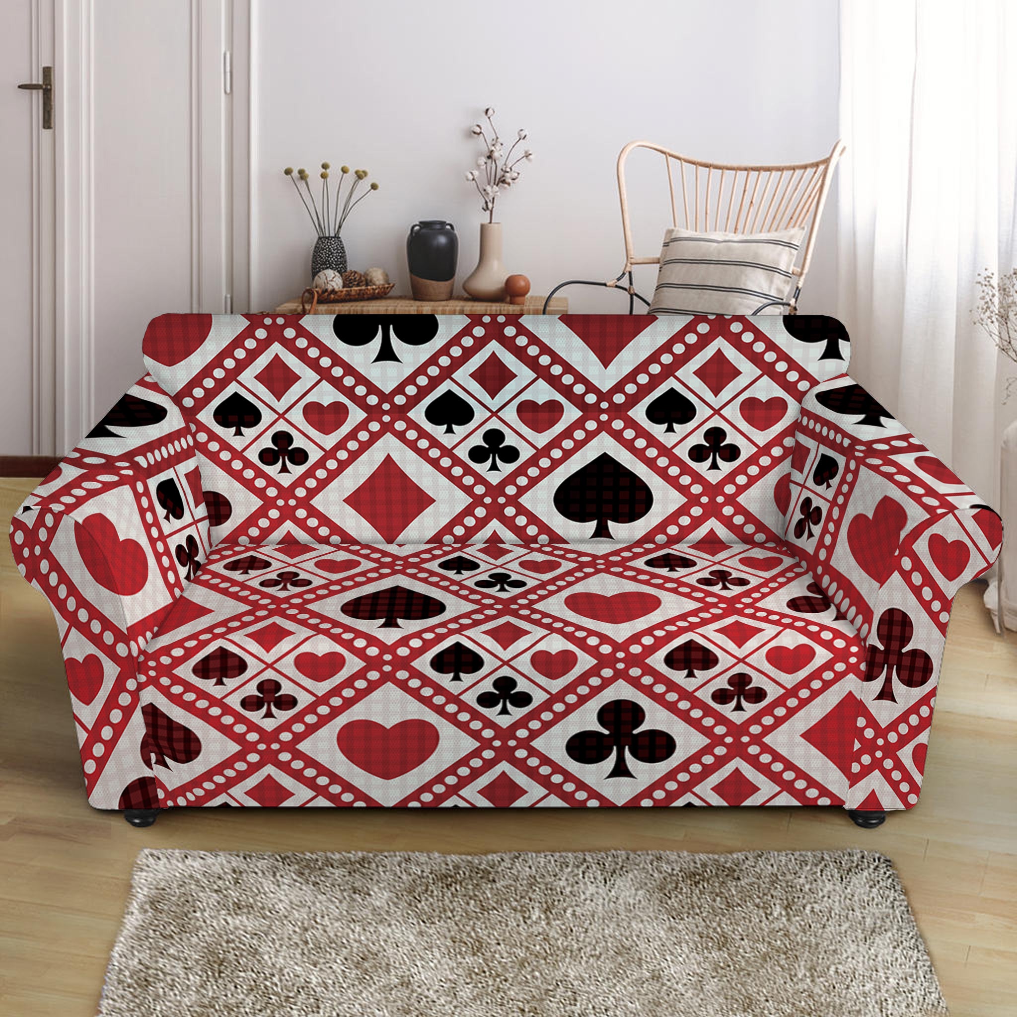 Playing Card Suits Plaid Pattern Print Loveseat Slipcover