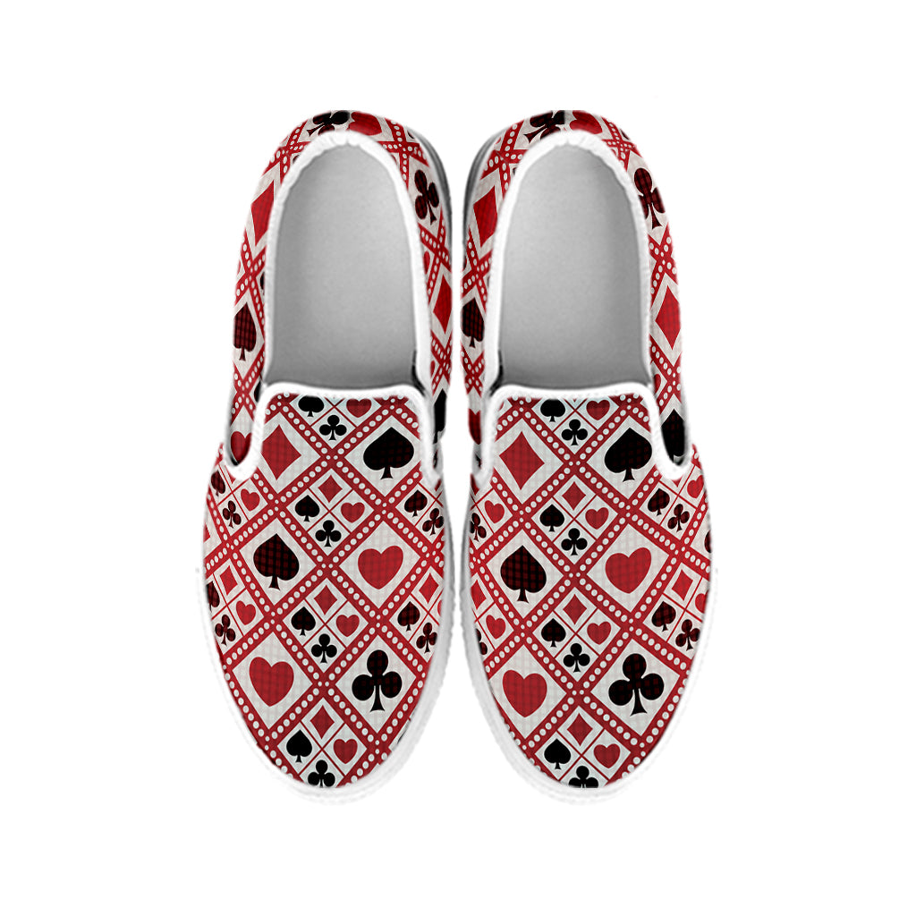 Playing Card Suits Plaid Pattern Print White Slip On Shoes