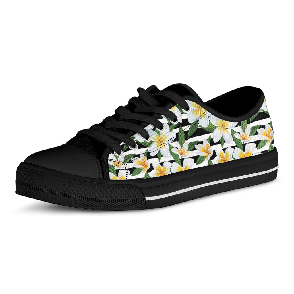 Plumeria Flower Striped Pattern Print Black Low Top Shoes