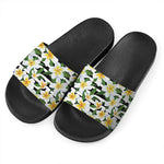 Plumeria Flower Striped Pattern Print Black Slide Sandals
