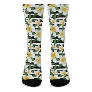 Plumeria Flower Striped Pattern Print Crew Socks