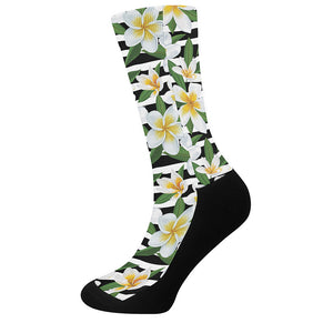 Plumeria Flower Striped Pattern Print Crew Socks