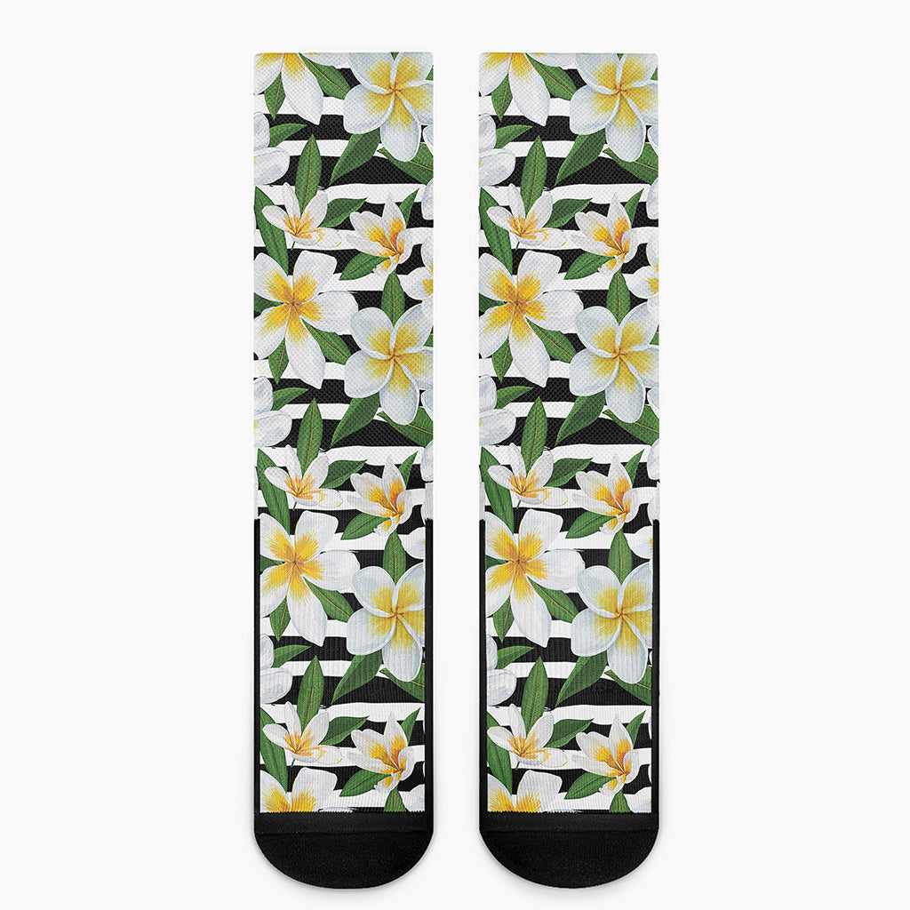 Plumeria Flower Striped Pattern Print Crew Socks