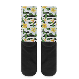 Plumeria Flower Striped Pattern Print Crew Socks