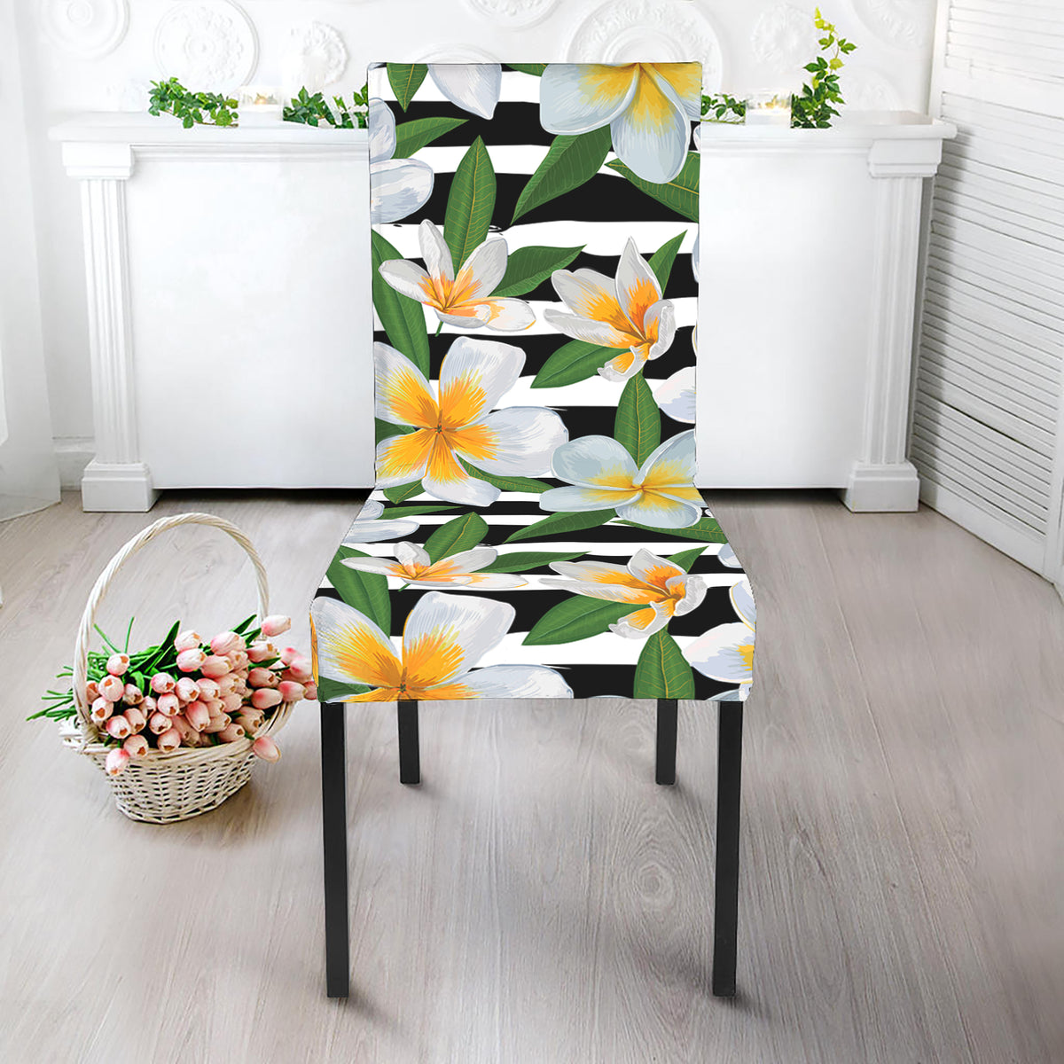 Plumeria Flower Striped Pattern Print Dining Chair Slipcover