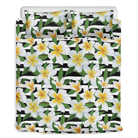 Plumeria Flower Striped Pattern Print Duvet Cover Bedding Set