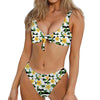 Plumeria Flower Striped Pattern Print Front Bow Tie Bikini