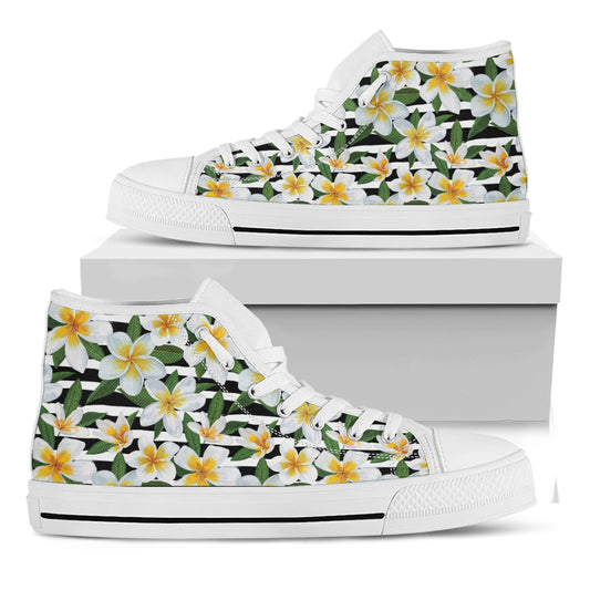 Plumeria Flower Striped Pattern Print White High Top Shoes