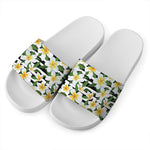 Plumeria Flower Striped Pattern Print White Slide Sandals
