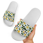 Plumeria Flower Striped Pattern Print White Slide Sandals
