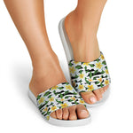 Plumeria Flower Striped Pattern Print White Slide Sandals