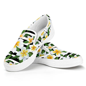 Plumeria Flower Striped Pattern Print White Slip On Shoes