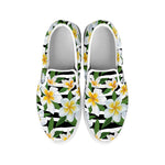 Plumeria Flower Striped Pattern Print White Slip On Shoes