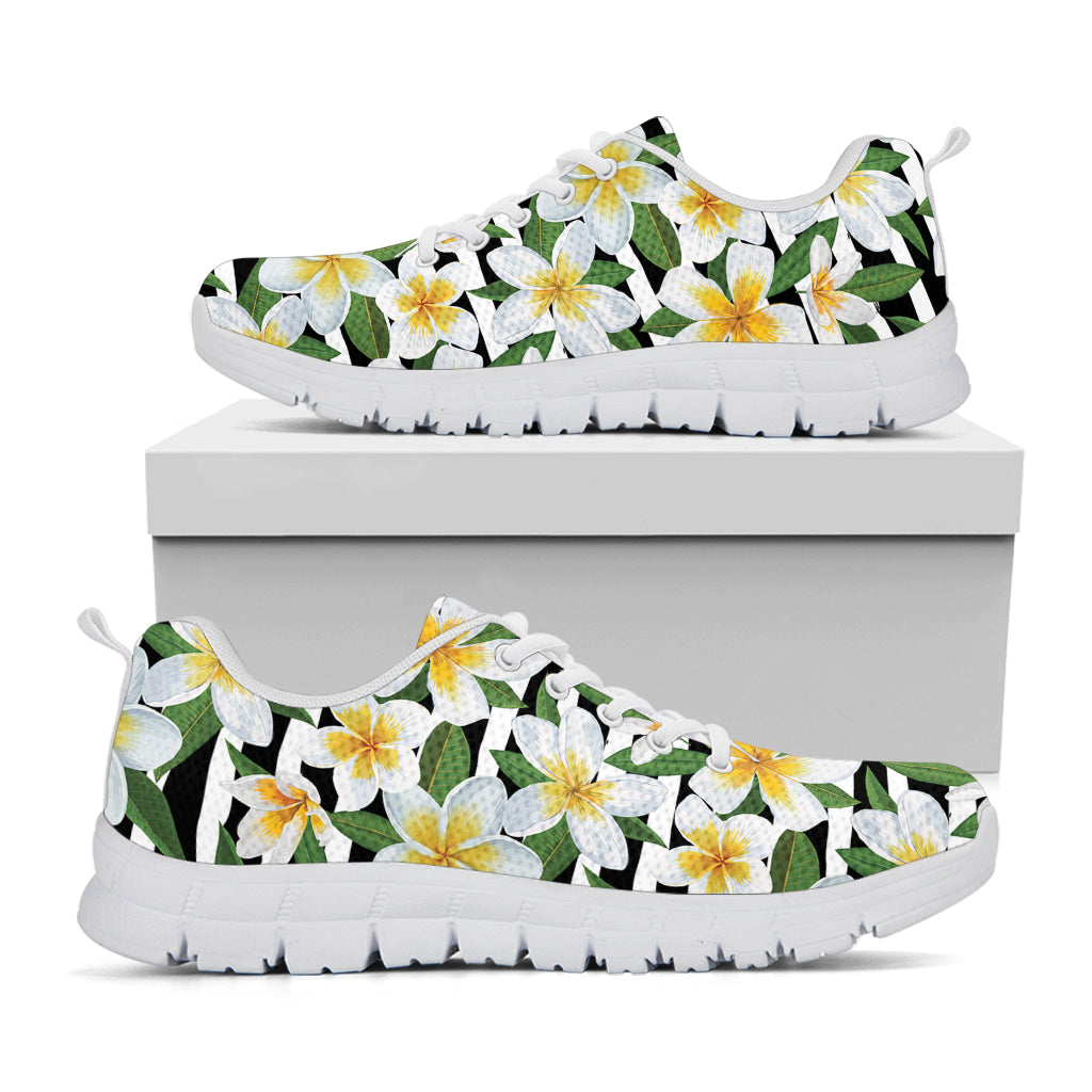 Plumeria Flower Striped Pattern Print White Sneakers