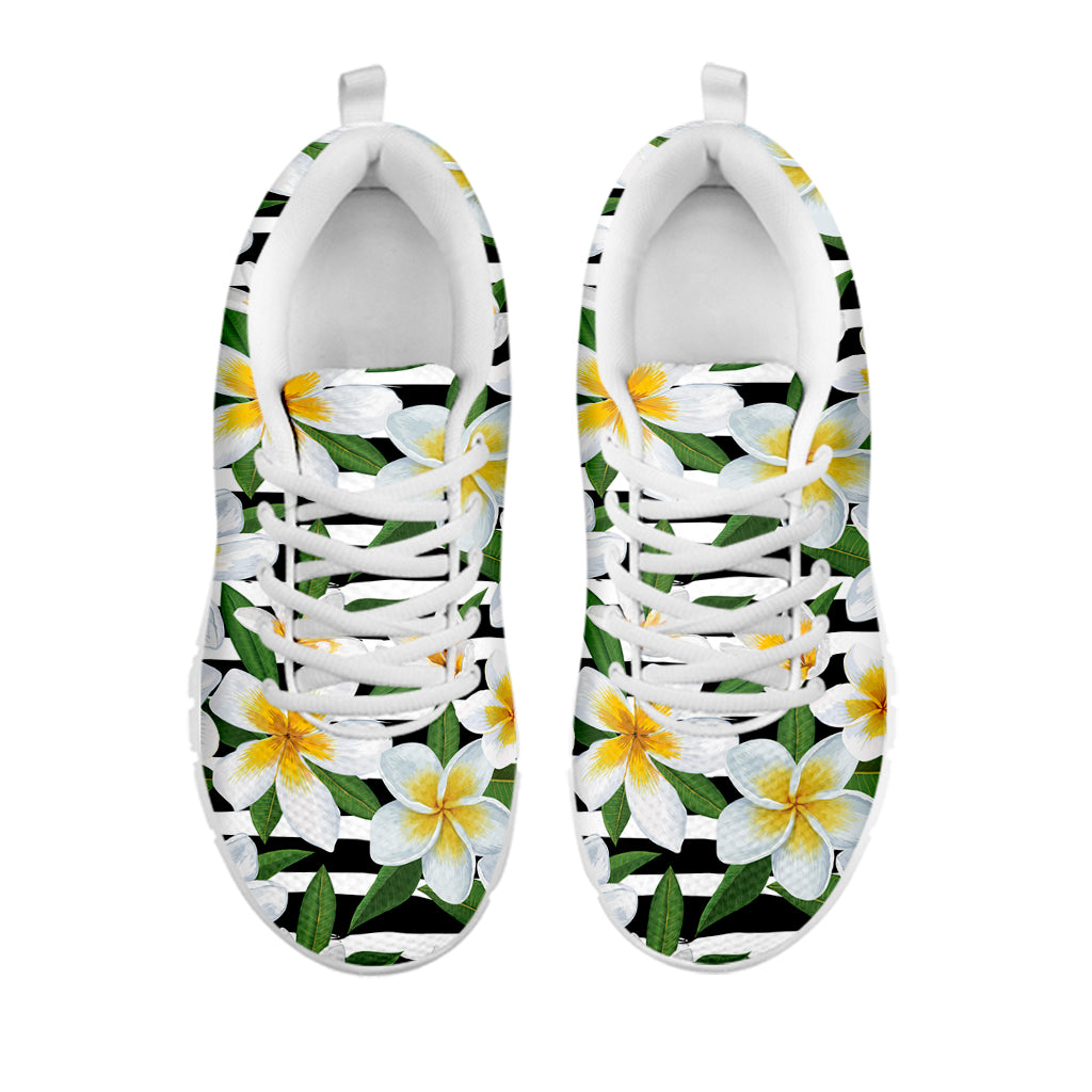 Plumeria Flower Striped Pattern Print White Sneakers