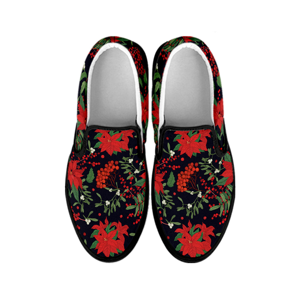 Poinsettia Flower Pattern Print Black Slip On Shoes