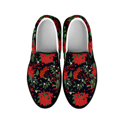 Poinsettia Flower Pattern Print Black Slip On Shoes
