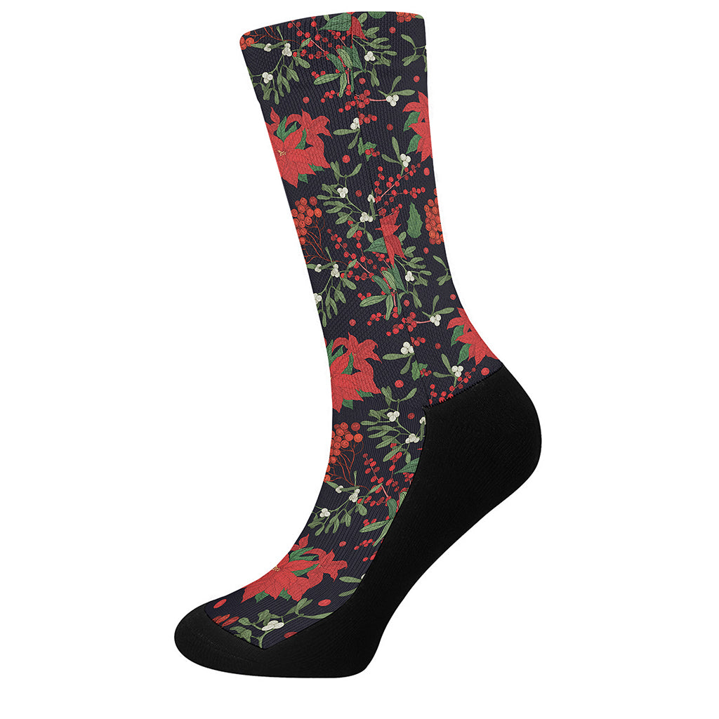 Poinsettia Flower Pattern Print Crew Socks