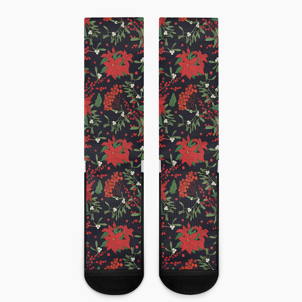 Poinsettia Flower Pattern Print Crew Socks