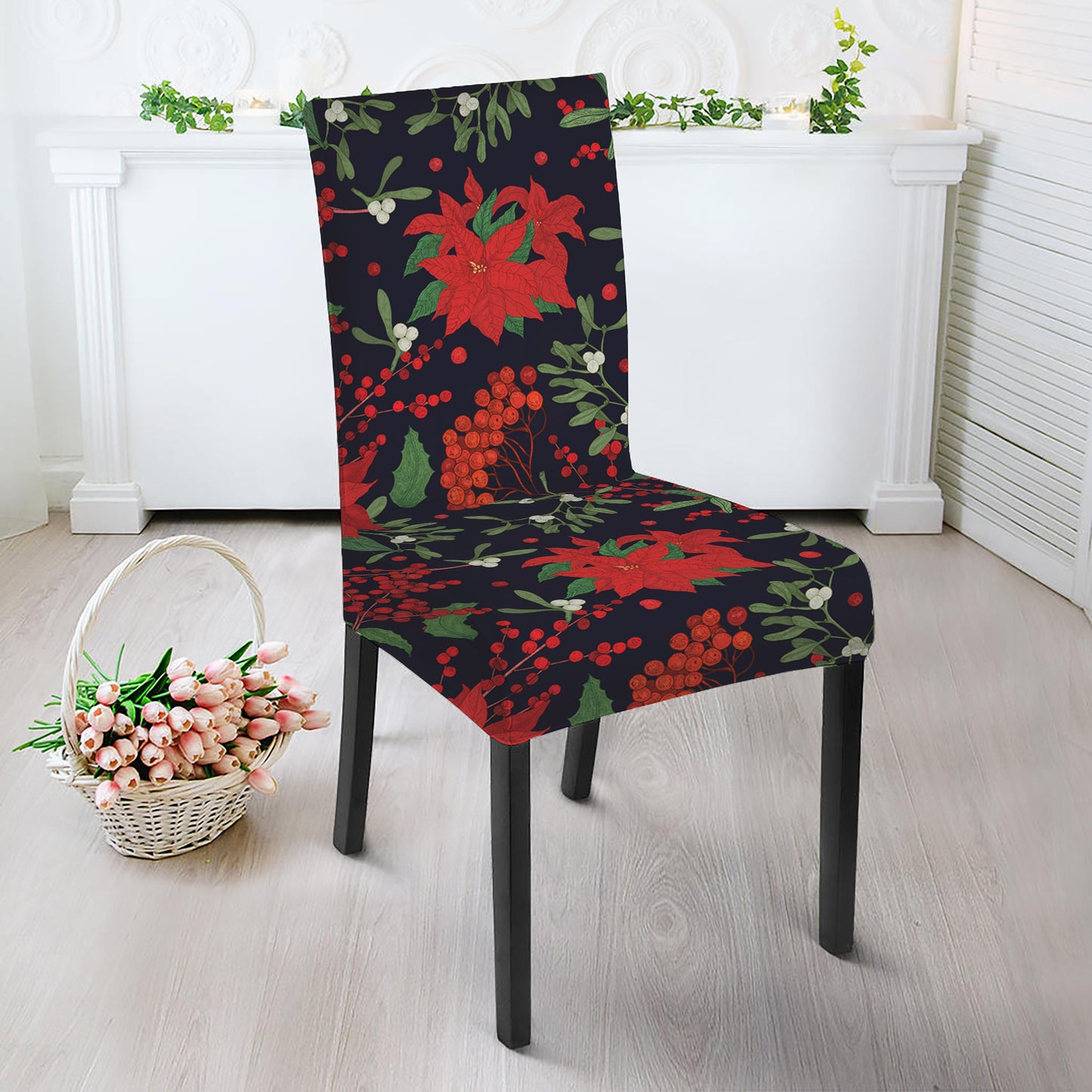 Poinsettia Flower Pattern Print Dining Chair Slipcover
