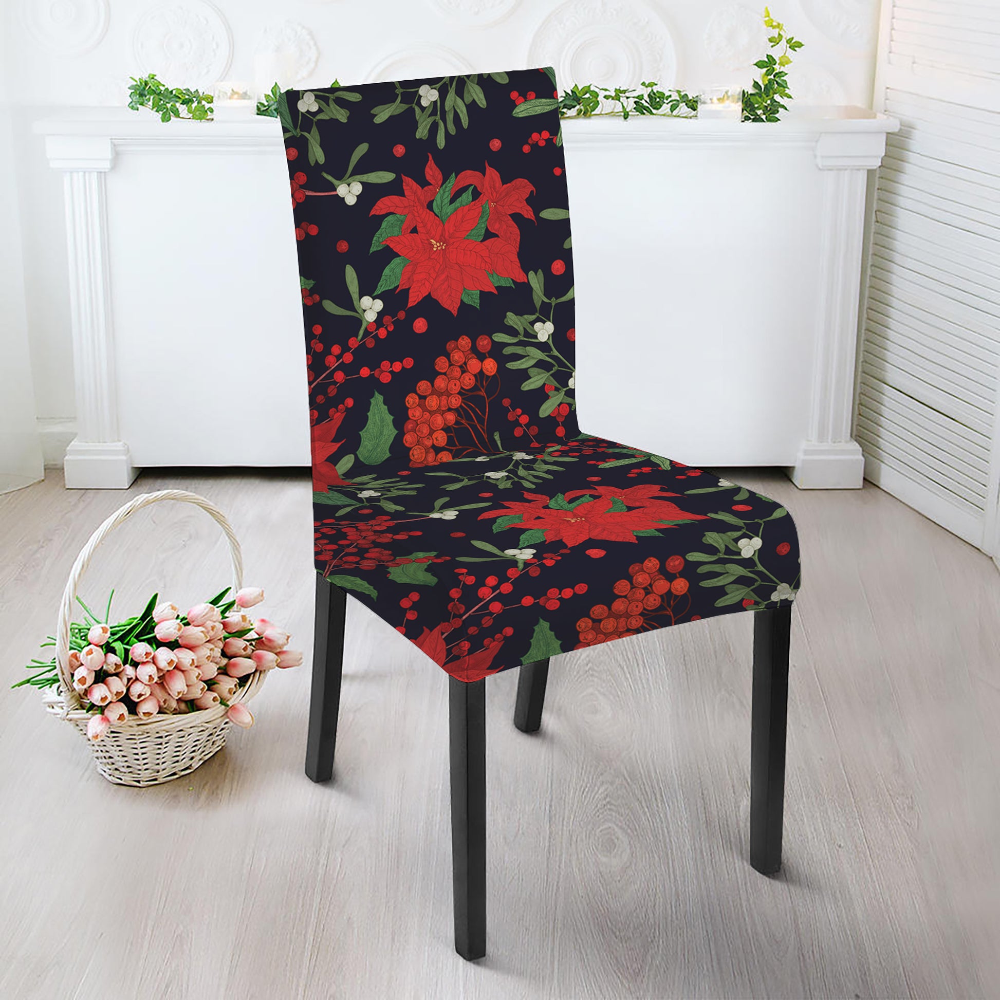Poinsettia Flower Pattern Print Dining Chair Slipcover