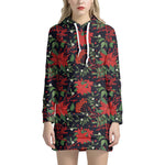 Poinsettia Flower Pattern Print Hoodie Dress