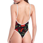 Poinsettia Flower Pattern Print One Piece High Cut Swimsuit
