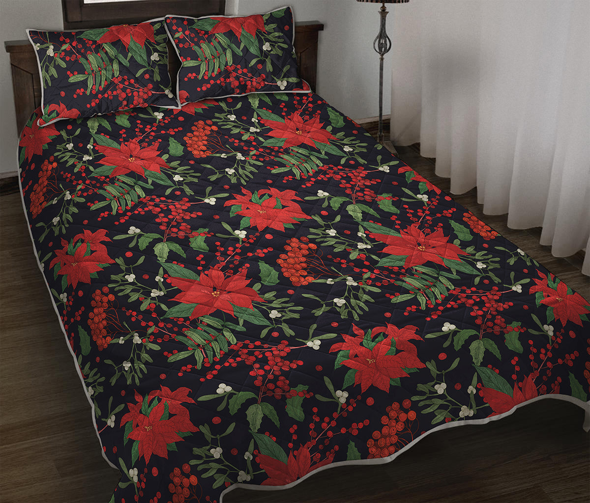 Poinsettia Flower Pattern Print Quilt Bed Set