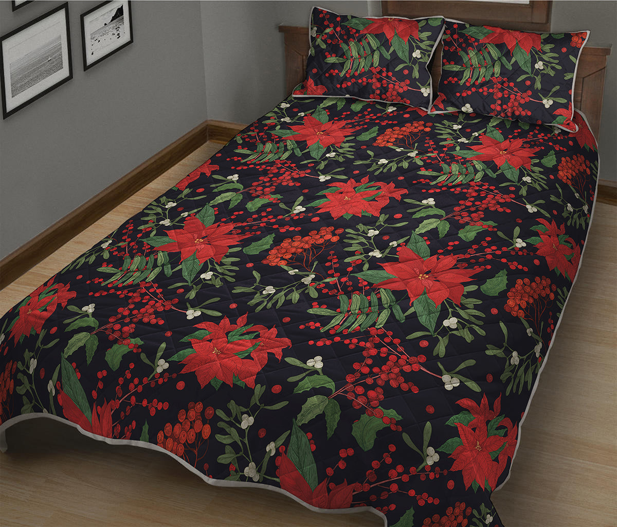 Poinsettia Flower Pattern Print Quilt Bed Set
