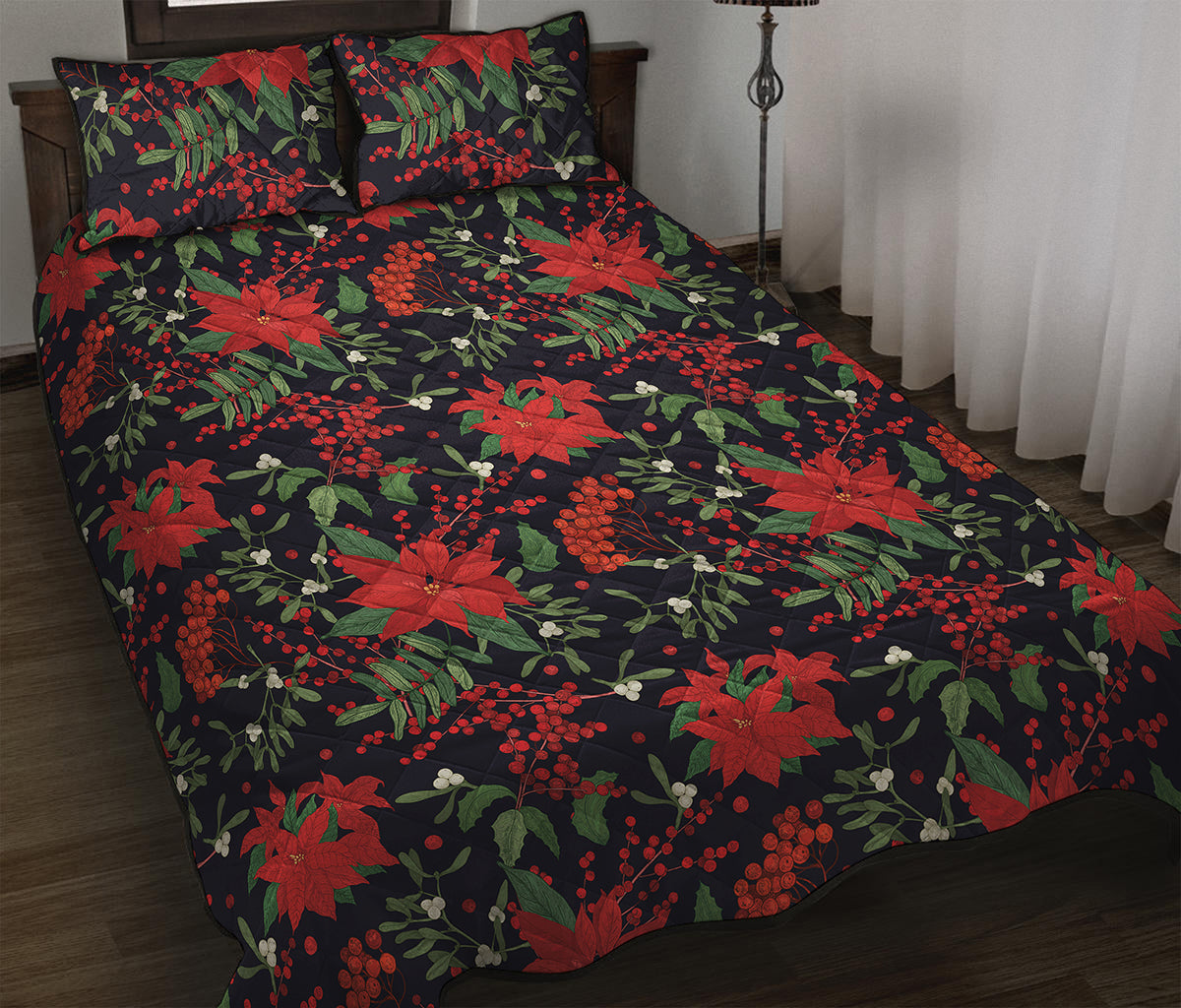 Poinsettia Flower Pattern Print Quilt Bed Set