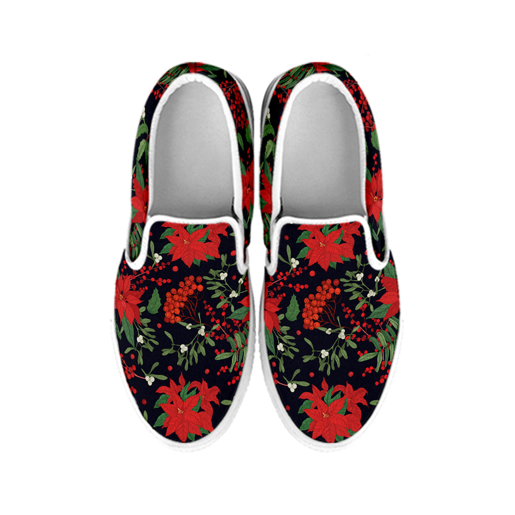 Poinsettia Flower Pattern Print White Slip On Shoes