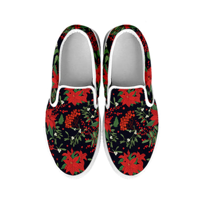Poinsettia Flower Pattern Print White Slip On Shoes