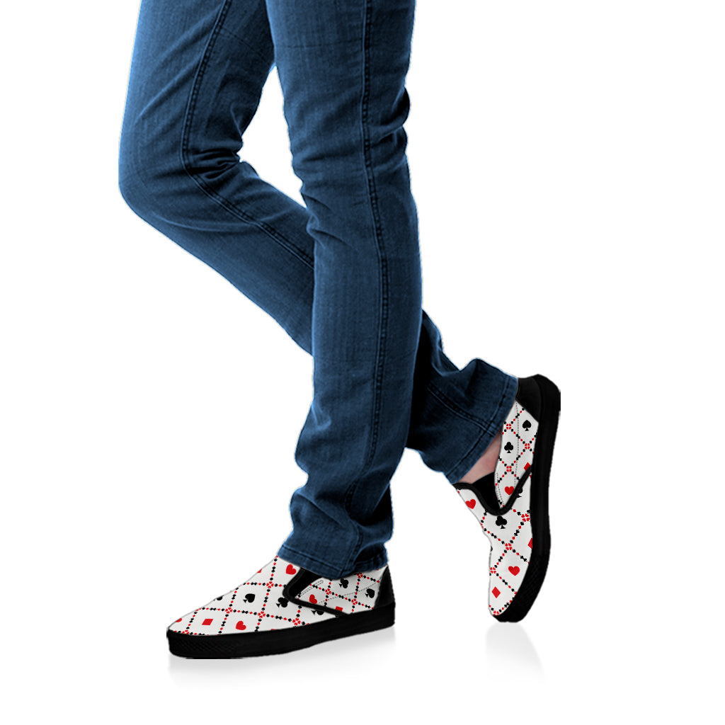 Poker Playing Card Suits Pattern Print Black Slip On Shoes