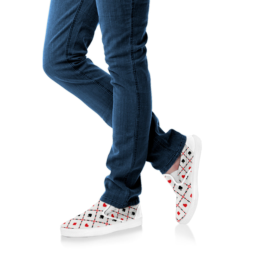 Poker Playing Card Suits Pattern Print White Slip On Shoes