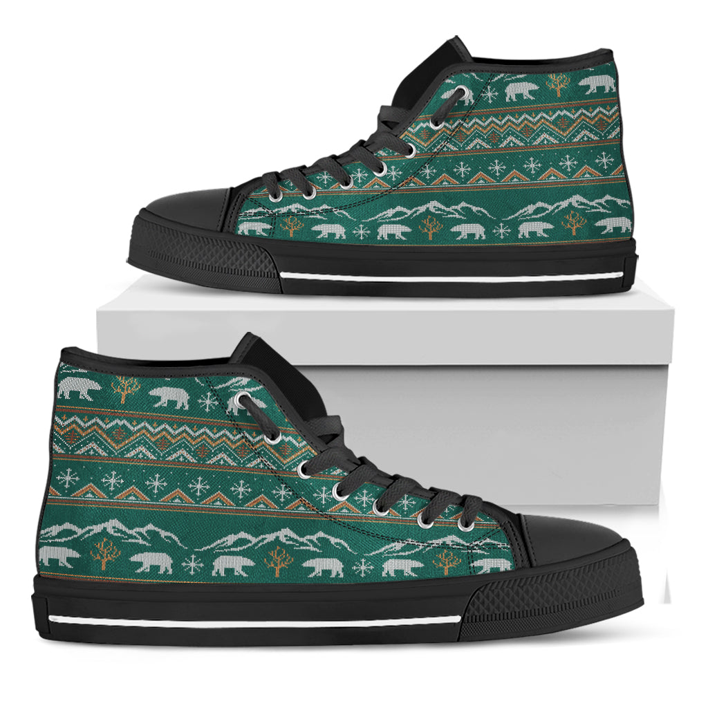 Polar Bear Knitted Pattern Print Black High Top Shoes