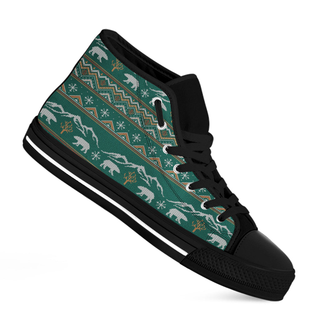 Polar Bear Knitted Pattern Print Black High Top Shoes