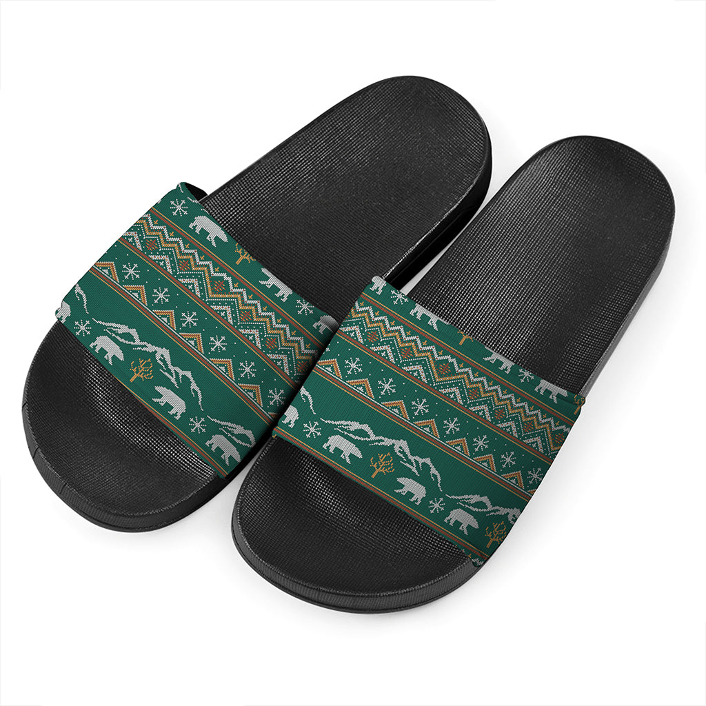 Polar Bear Knitted Pattern Print Black Slide Sandals