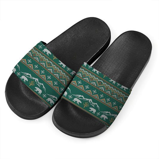 Polar Bear Knitted Pattern Print Black Slide Sandals