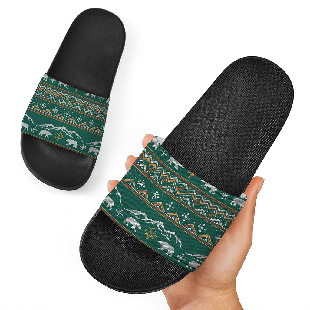 Polar Bear Knitted Pattern Print Black Slide Sandals