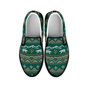 Polar Bear Knitted Pattern Print Black Slip On Shoes