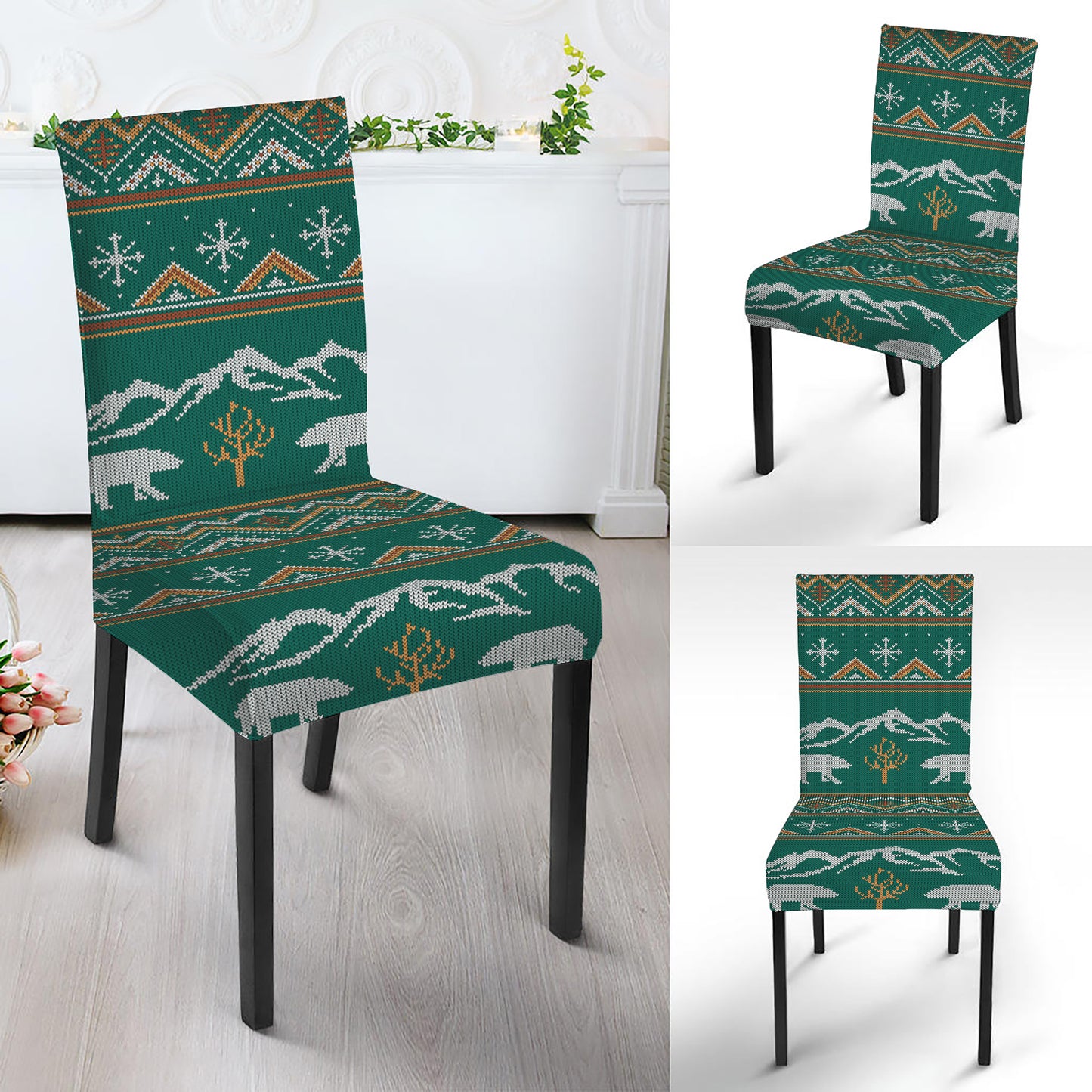 Polar Bear Knitted Pattern Print Dining Chair Slipcover
