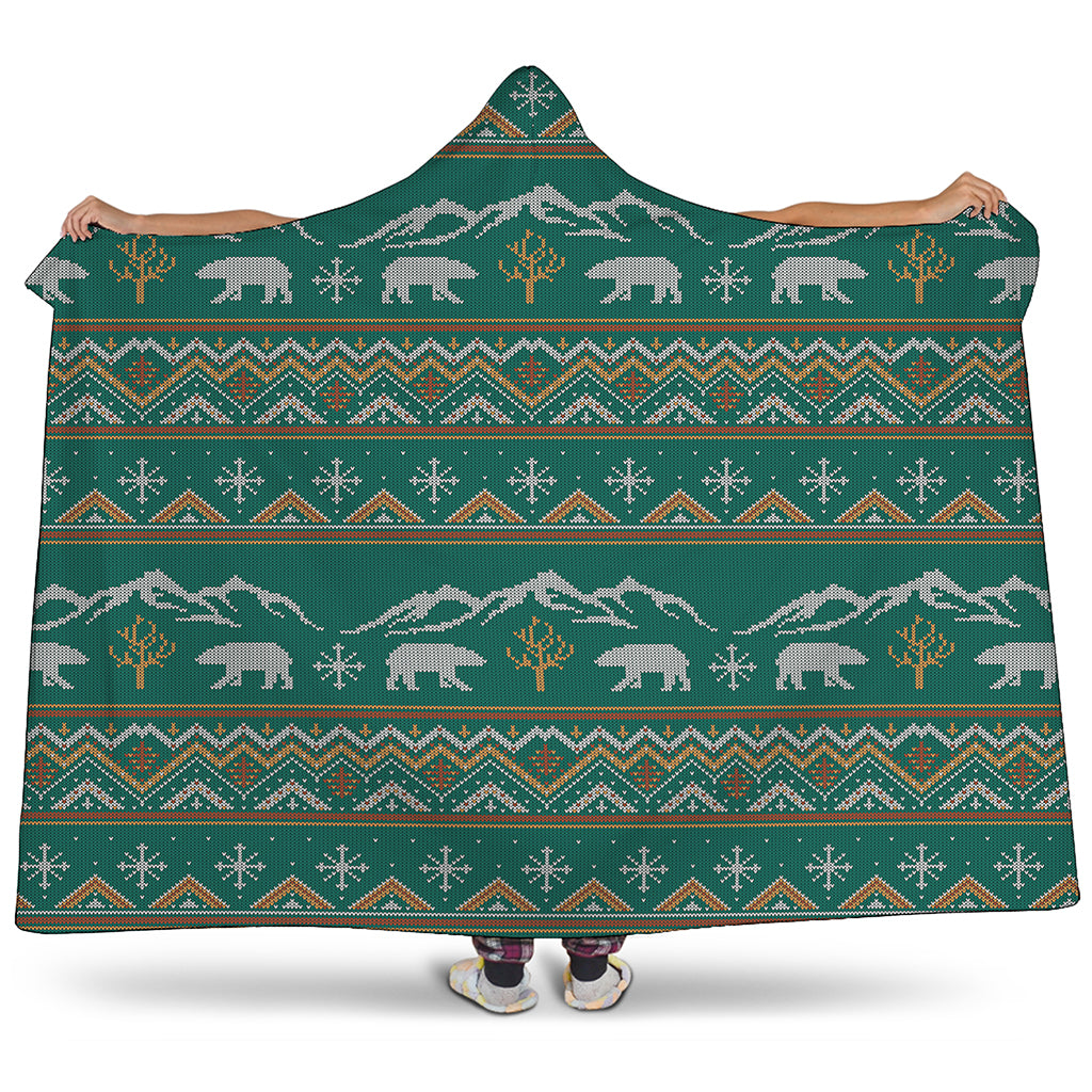 Polar Bear Knitted Pattern Print Hooded Blanket
