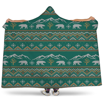 Polar Bear Knitted Pattern Print Hooded Blanket