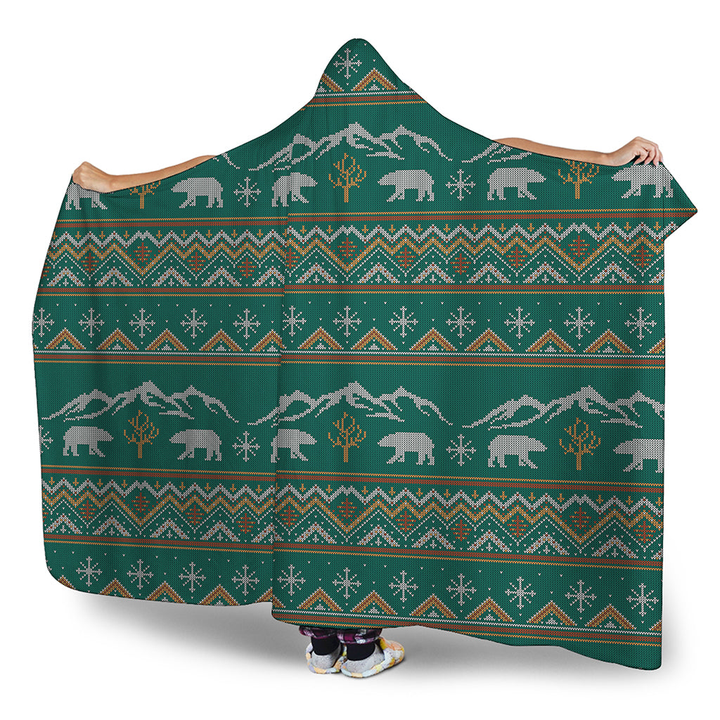 Polar Bear Knitted Pattern Print Hooded Blanket