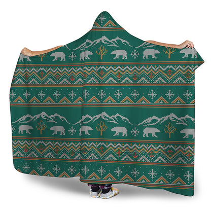 Polar Bear Knitted Pattern Print Hooded Blanket