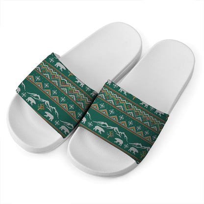 Polar Bear Knitted Pattern Print White Slide Sandals