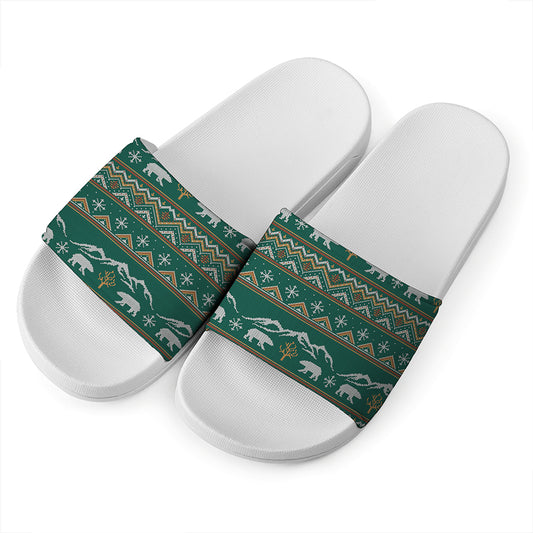 Polar Bear Knitted Pattern Print White Slide Sandals