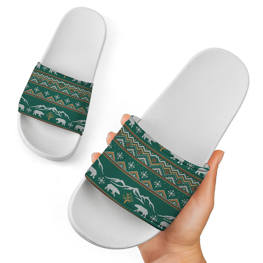 Polar Bear Knitted Pattern Print White Slide Sandals