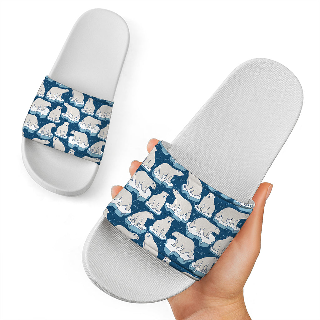 Polar Bear On Ice Pattern Print White Slide Sandals